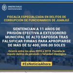 Sentencian a 11 años de prisión efectiva a extesorero municipal de Alto Saposoa